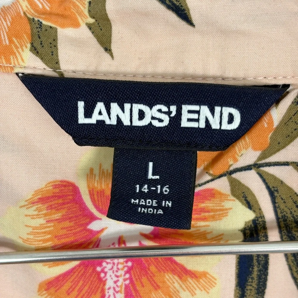 Lands' End Women Top L Peach Pink‎ Tropical Hibiscus Floral Short Sleeve Cotton